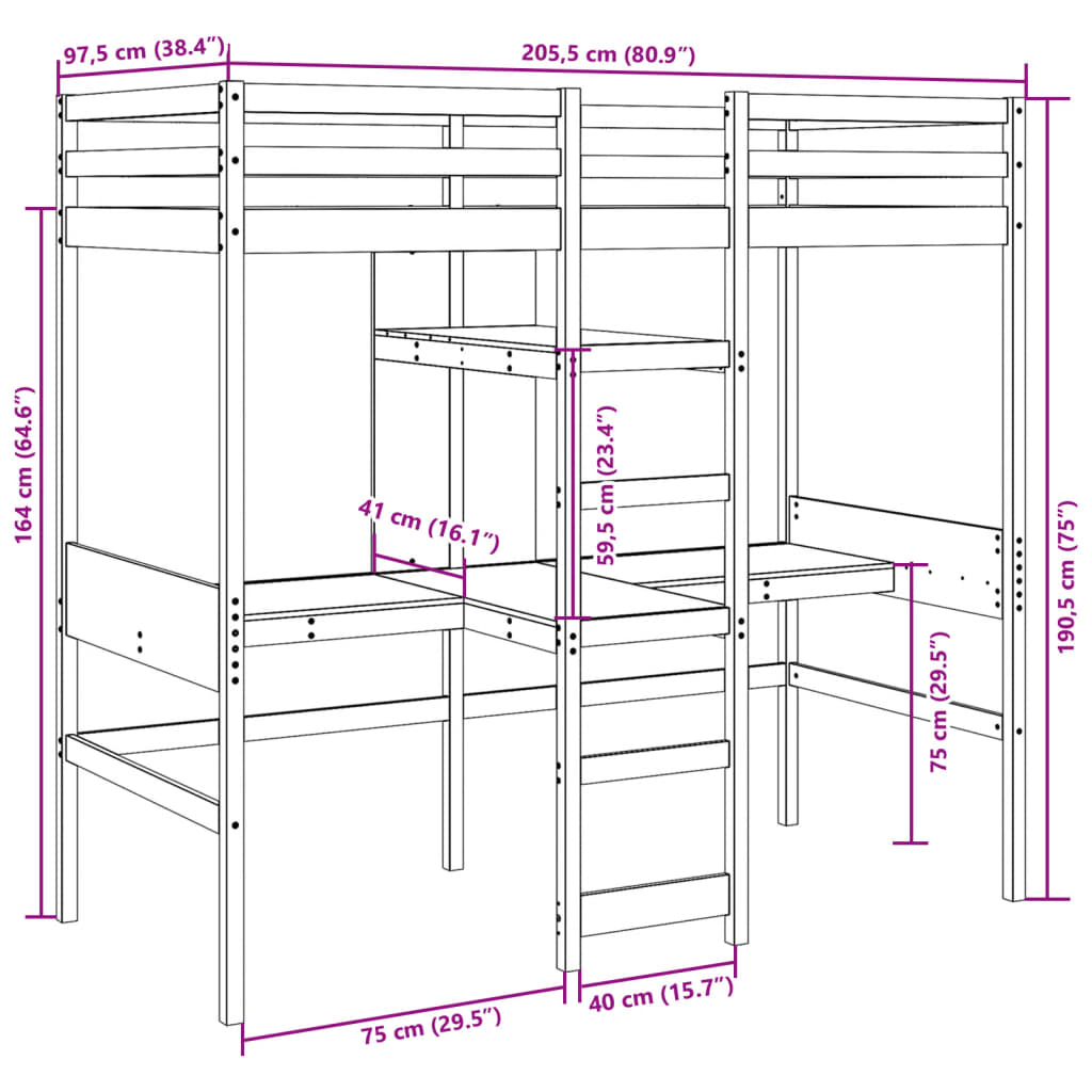 højseng m. skrivebord og hylder 90x200 cm massivt fyrretræ hvid