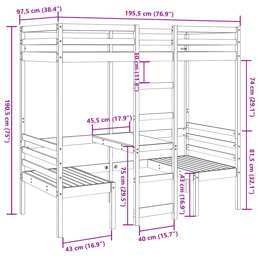 højseng med skrivebord og stole 90x190 cm massivt fyrretræ hvid