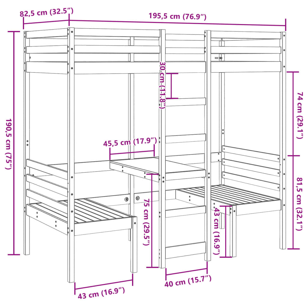 højseng med skrivebord og stole 75x190 cm massivt fyrretræ hvid