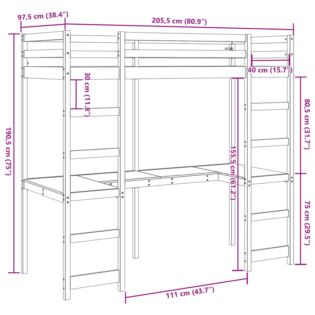 højseng med skrivebord 90x200 cm massivt fyrretræ hvid