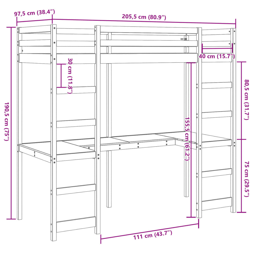 højseng med skrivebord 90x200 cm massivt fyrretræ gyldenbrun