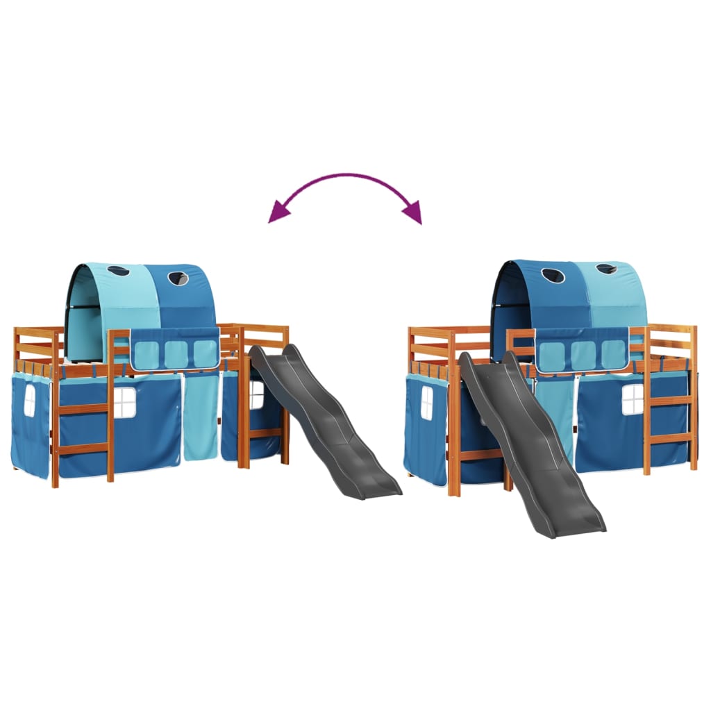 højseng med tunnel 90x200 cm massivt fyrretræ blå