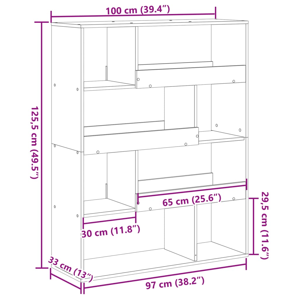 bogreol 100x33x125,5 cm konstrueret træ grå sonoma-eg