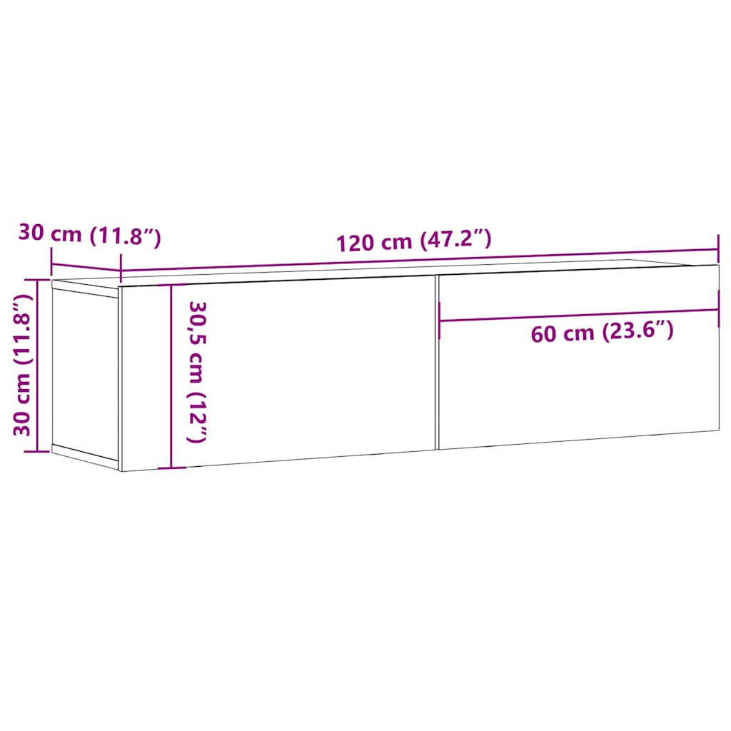 væghængt tv-bord 120x30x30 cm konstrueret træ gammelt træ-look