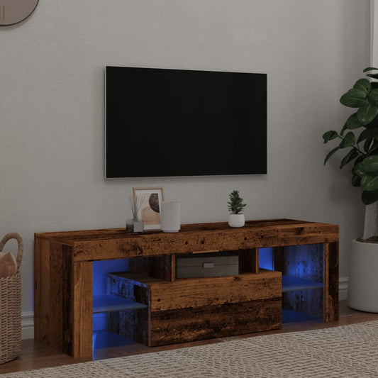 tv-bord m. LED-lys 120x36,5x40 cm konstrueret træ antikt træ