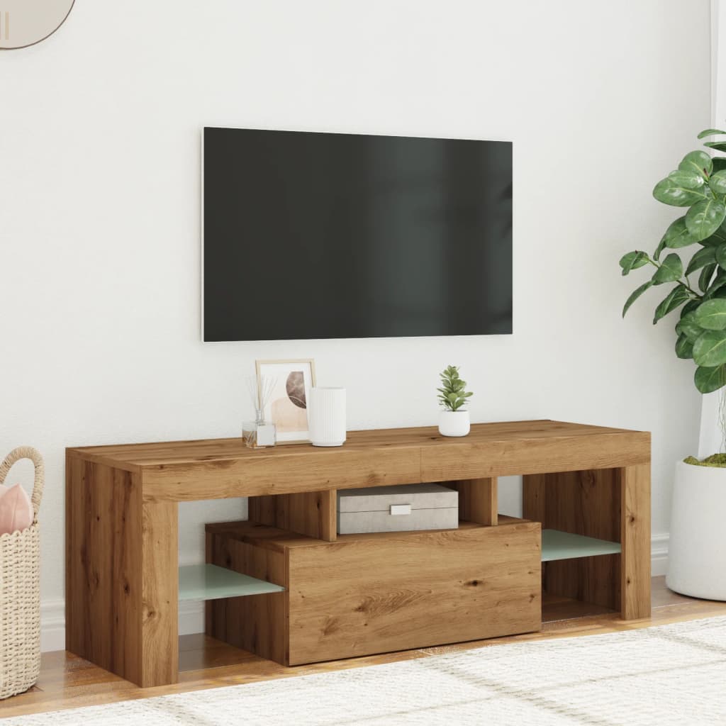 tv-bord m. LED-lys 120x36,5x40 cm konstrueret træ kunsteg