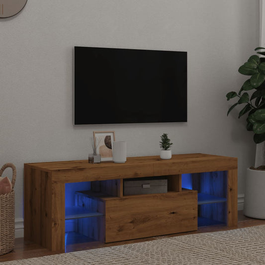 tv-bord m. LED-lys 120x36,5x40 cm konstrueret træ kunsteg