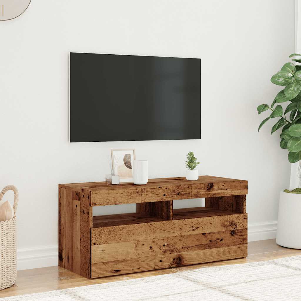 tv-bord m. LED-lys 90x35x40 cm konstrueret træ antikt træ