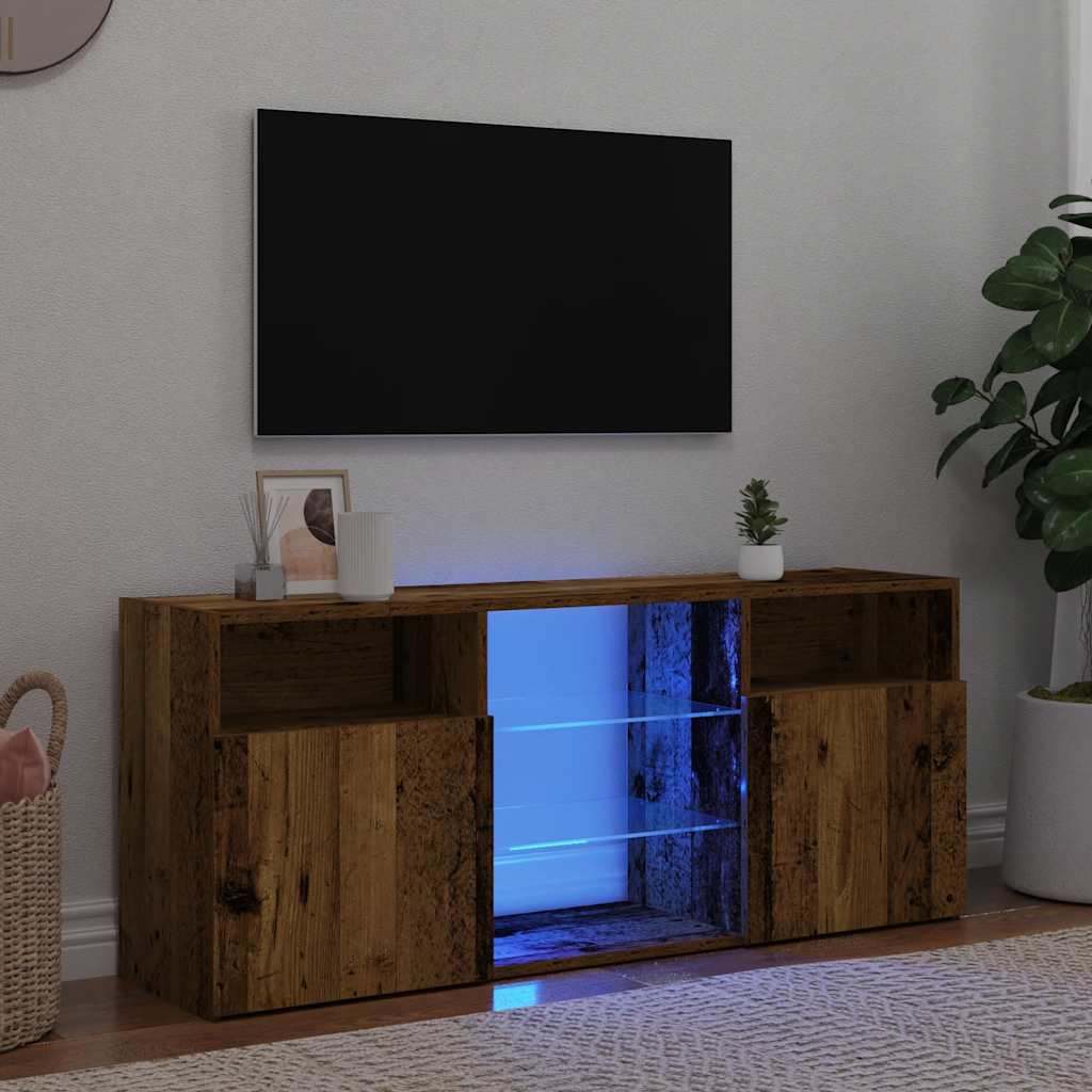 tv-bord m. LED-lys 120x30x50 cm konstrueret træ antikt træ