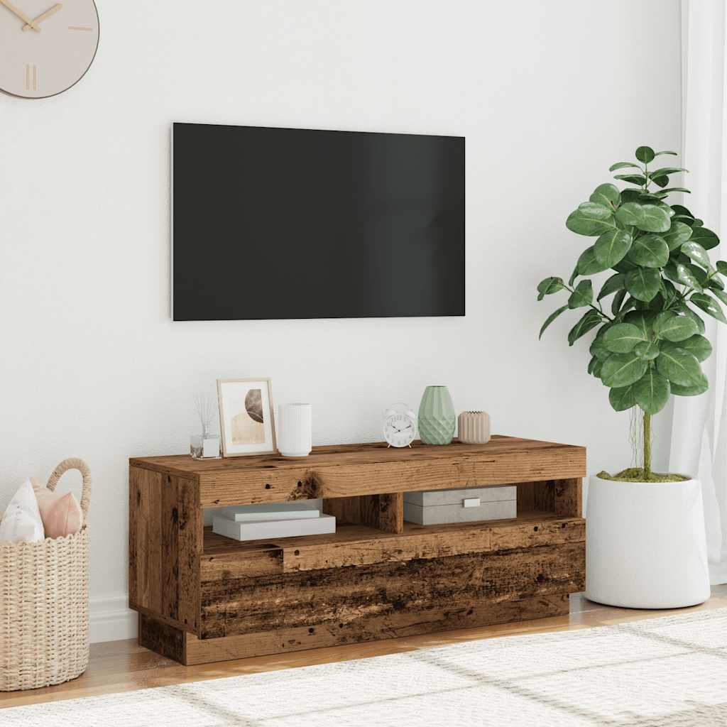 tv-bord m. LED-lys 100x35x40 cm konstrueret træ antikt træ