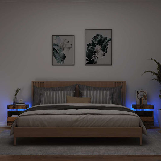 sengeborde 2 stk. med LED-lys 40x39x48,5 cm antikt træ