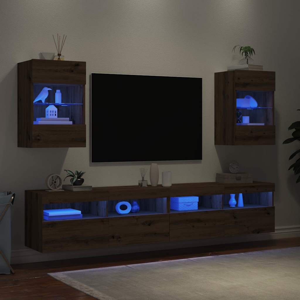 væghængte tv-borde 2 stk. med LED-lys 40x30x60,5 cm kunsteg