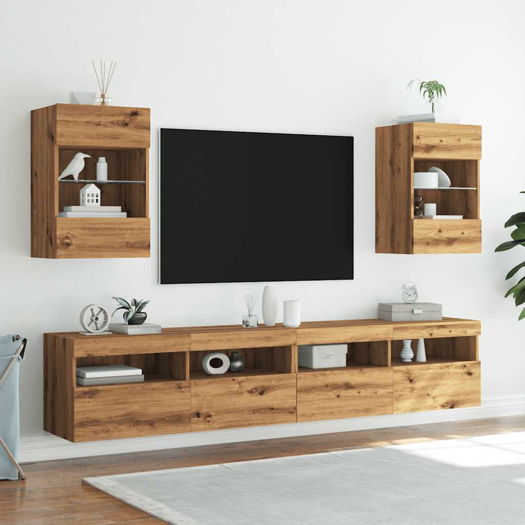 væghængte tv-borde 2 stk. med LED-lys 40x30x60,5 cm kunsteg