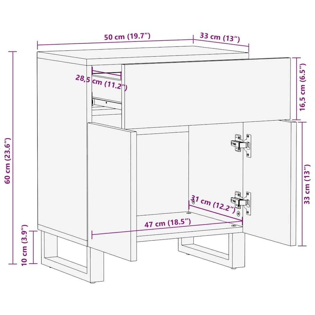 sengebord 50x33x60 cm massivt mangotræ sort