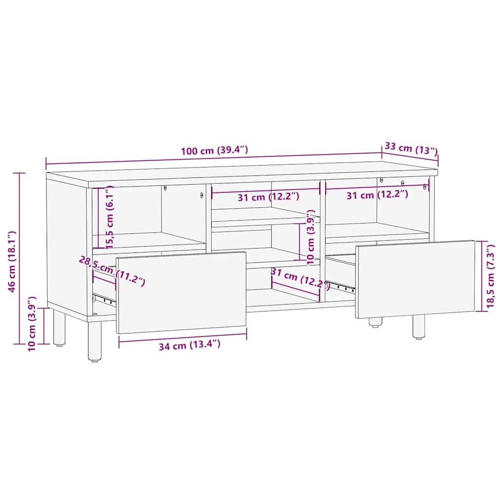 tv-bord 100x33x46 cm massivt mangotræ brun