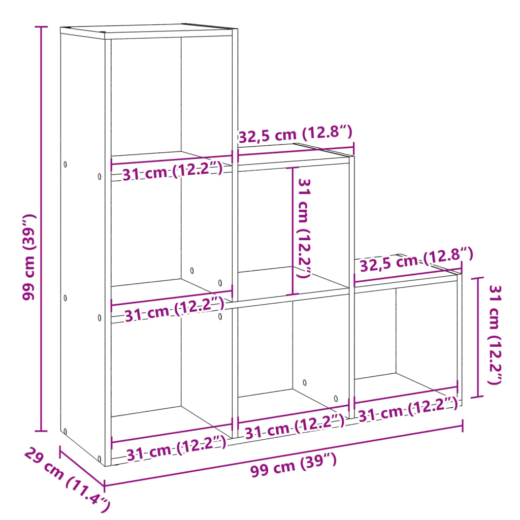 bogreol/rumdeler 99x29x99cm 3niveauer konstrueret træ sonoma-eg