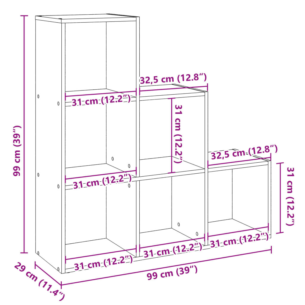 bogreol/rumdeler 99x29x99cm 3 niveauer konstrueret træ betongrå