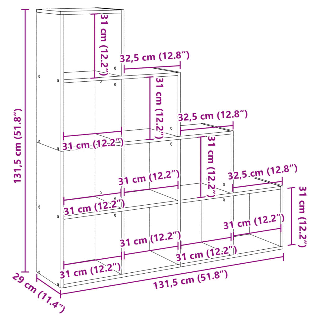 bogreol/rumdeler 131,5x29x131,5 cm konstrueret træ hvid