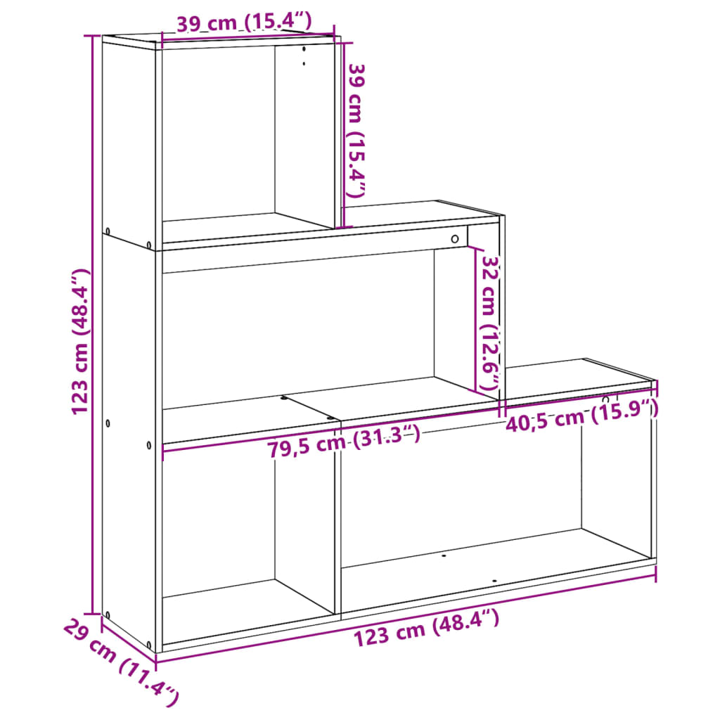 bogreol/rumdeler 123x29x123 cm 3 niveauer konstrueret træ hvid