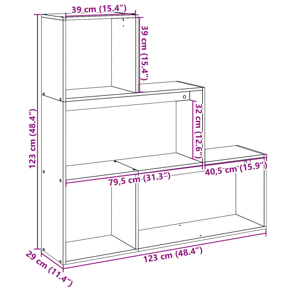 bogreol/rumdeler 123x29x123cm 3niveauer konstrueret træ brun eg