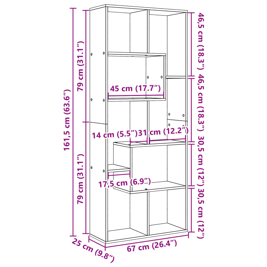 bogreol/rumdeler 67x25x161,5 cm konstrueret træ hvid