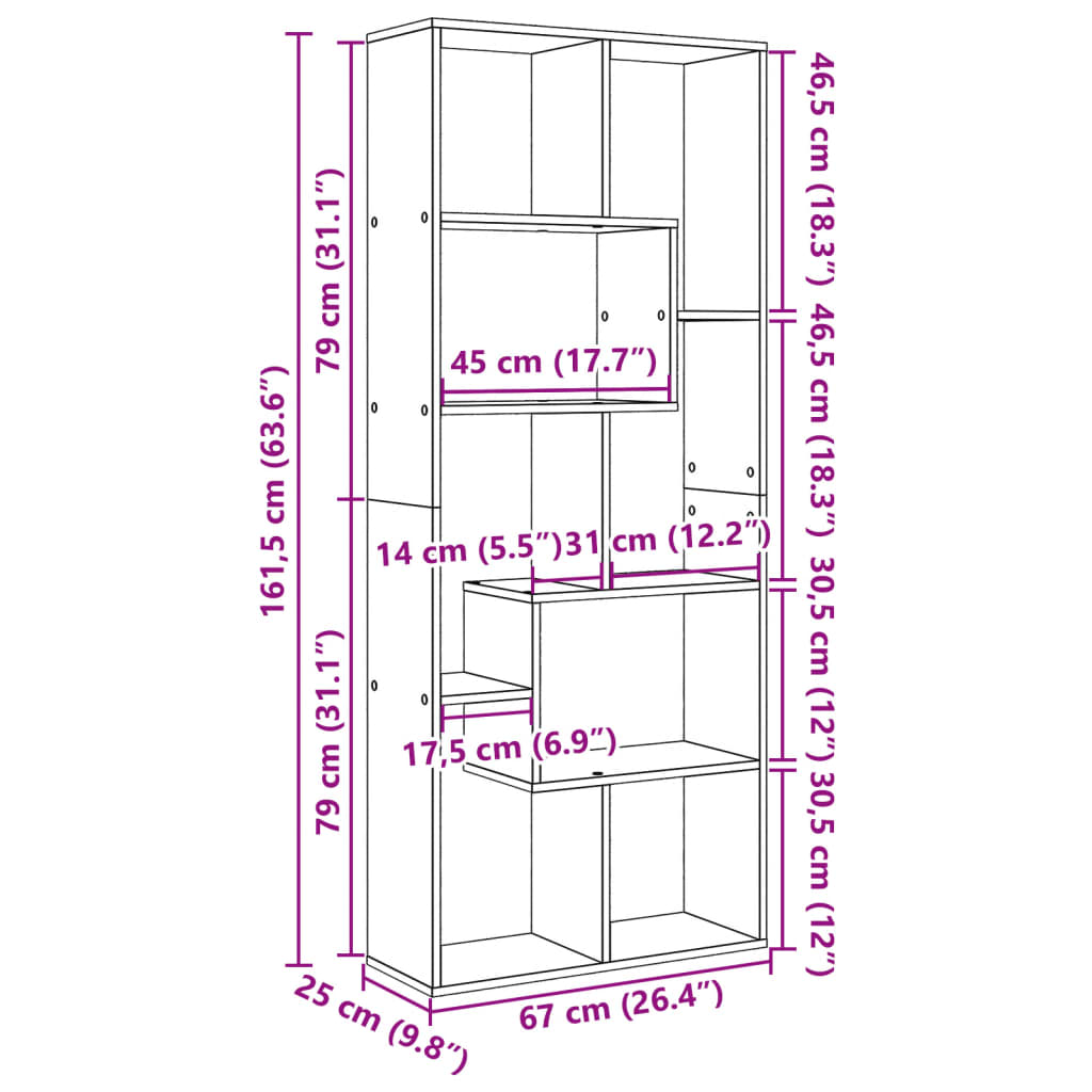 bogreol/rumdeler 67x25x161,5 cm konstrueret træ sonoma-eg