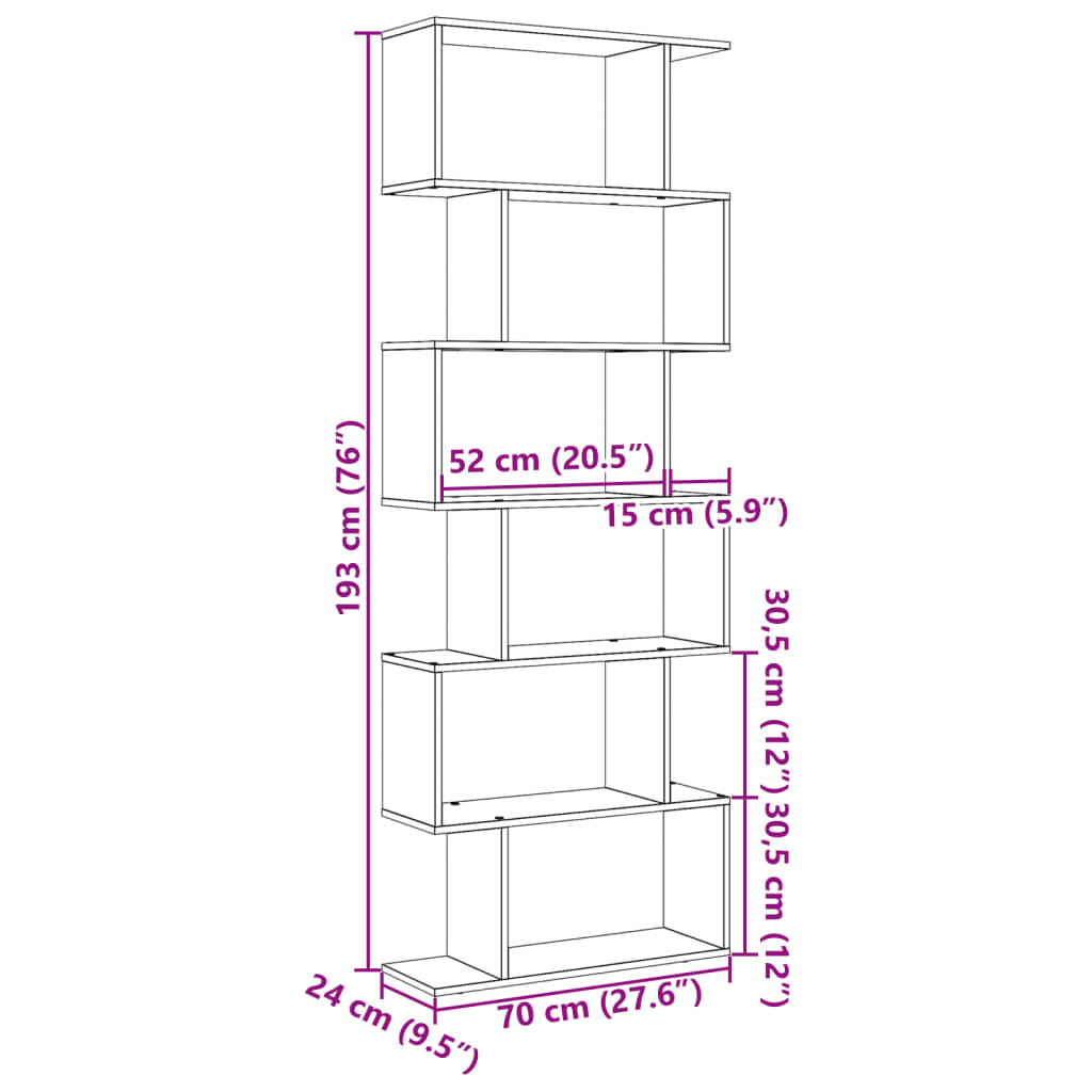 bogreol/rumdeler 70x24x193 cm 6 niveauer konstrueret træ hvid