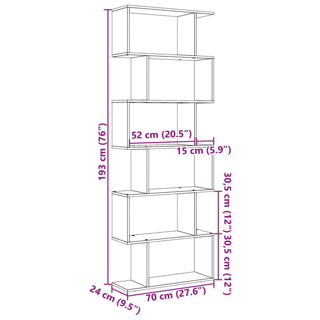 bogreol/rumdeler 70x24x193 cm 6 niveauer konstrueret træ sort