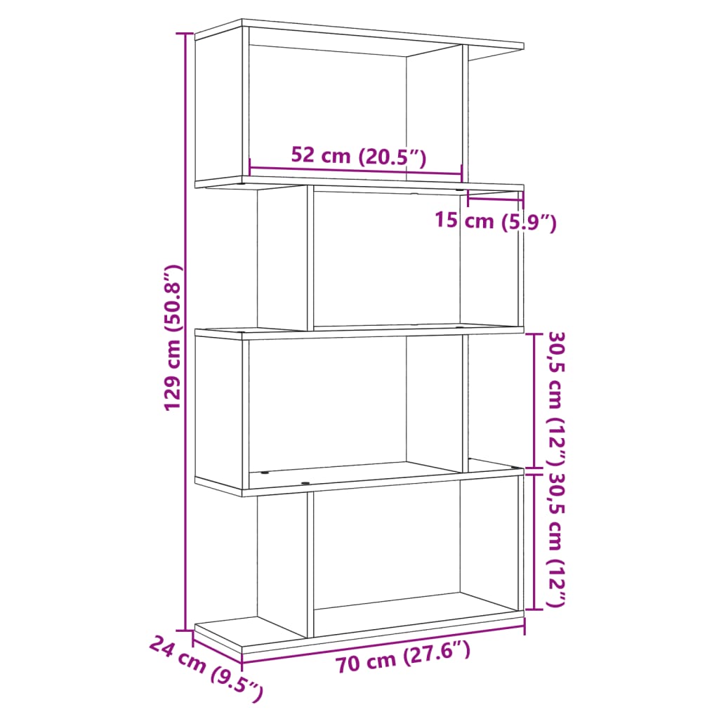 bogreol/rumdeler 70x24x129 cm 4 niveauer konstrueret træ