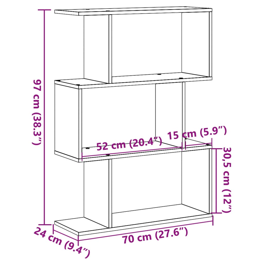 bogreol/rumdeler 70x24x97 cm 3 niveauer konstrueret træ sort