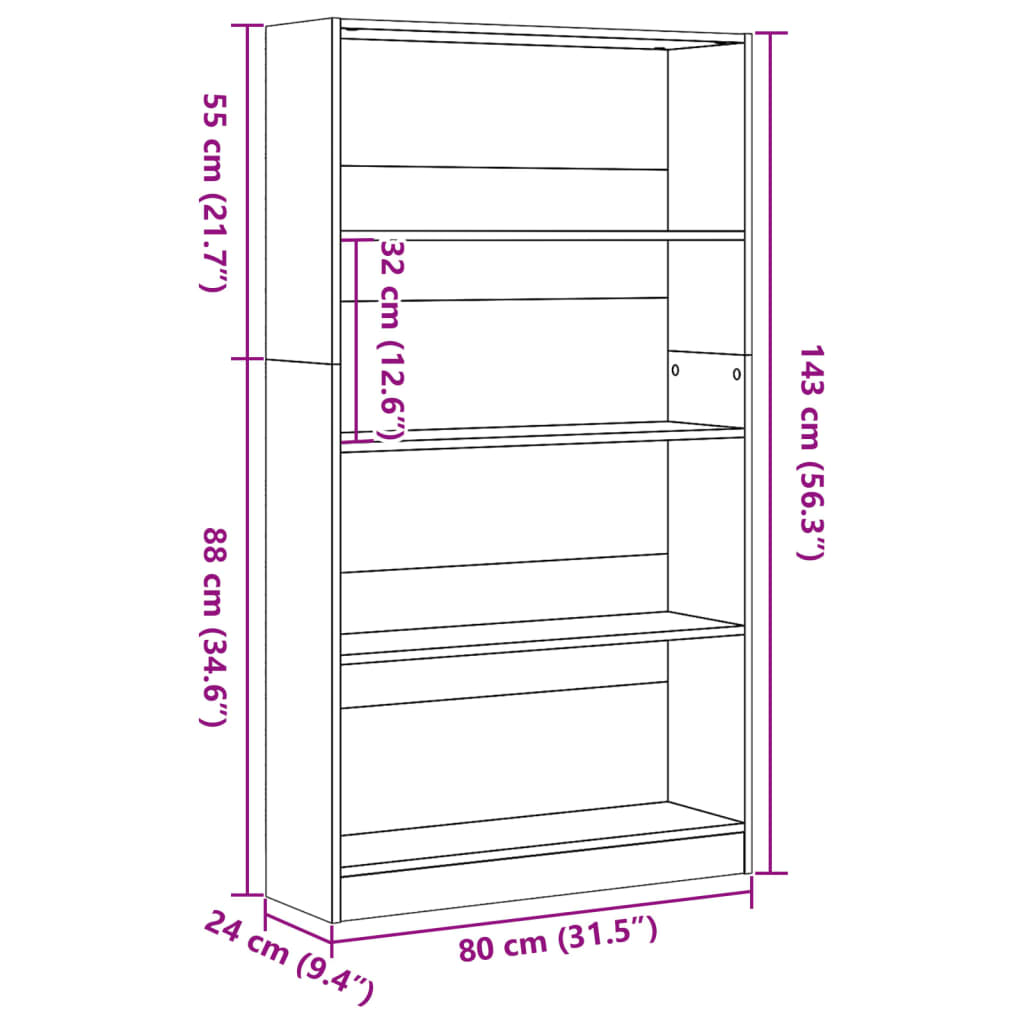 bogreol 80x24x143 cm konstrueret træ sonoma-eg