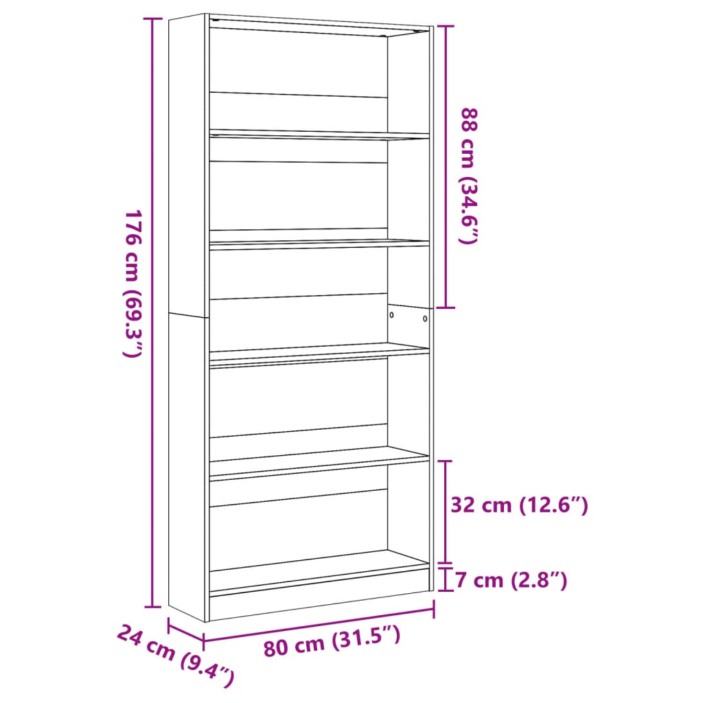 bogreol 80x24x176 cm konstrueret træ egetræsfarve