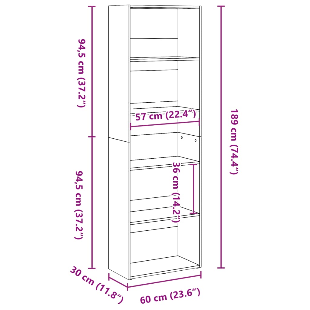 bogreol 60x30x189 cm konstrueret træ sonoma-eg