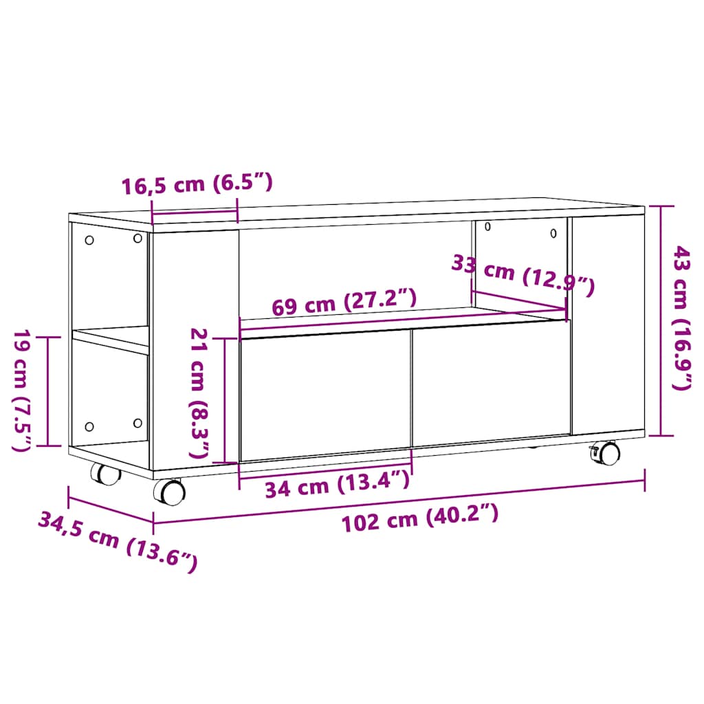 tv-bord med hjul 102x34,5x43 cm konstrueret træ antikt træ