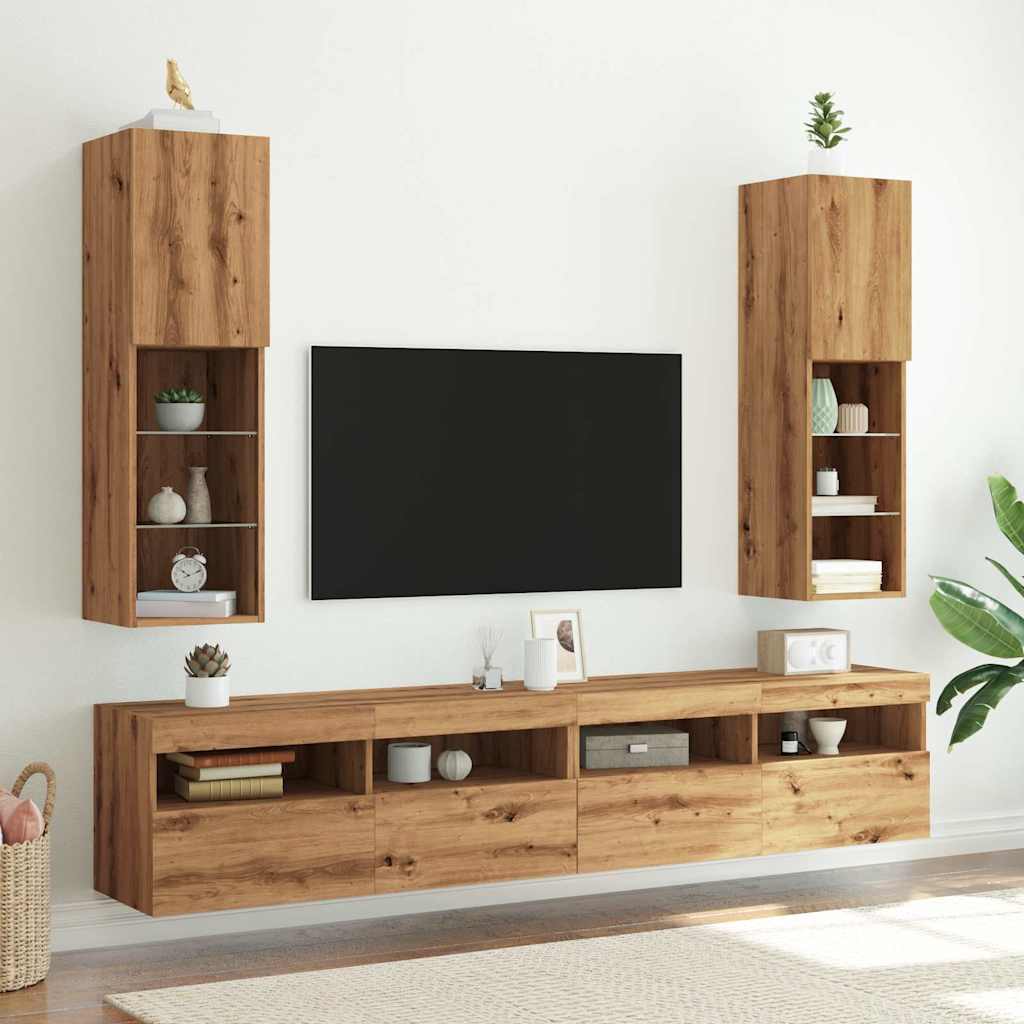 tv-borde med LED-lys 2 stk. 30,5x30x102 cm egetræsfarve