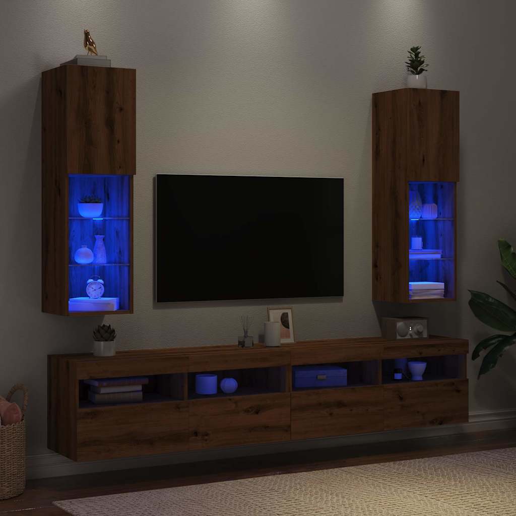 tv-borde med LED-lys 2 stk. 30,5x30x102 cm egetræsfarve