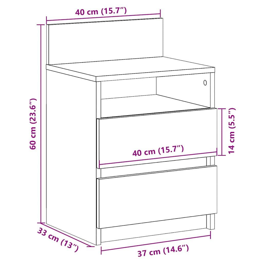 sengebord med 2 skuffer 40x33x60 cm hvid