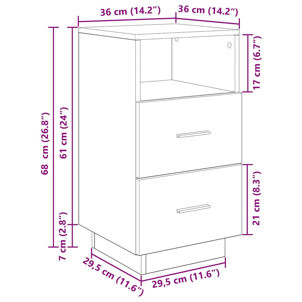 sengebord med 2 skuffer 36x36x68 cm hvid