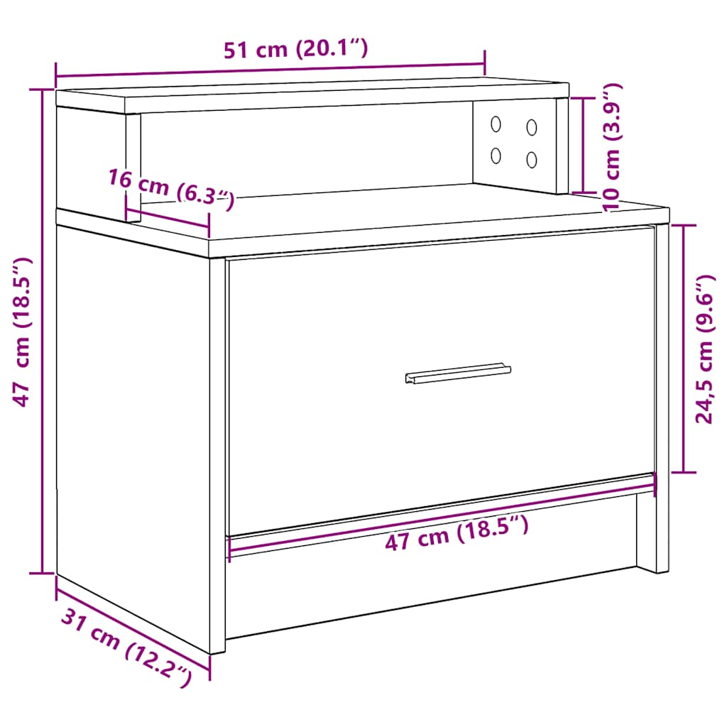 sengeborde med skuffe 2 stk. 51x31x47 cm grå sonoma-eg