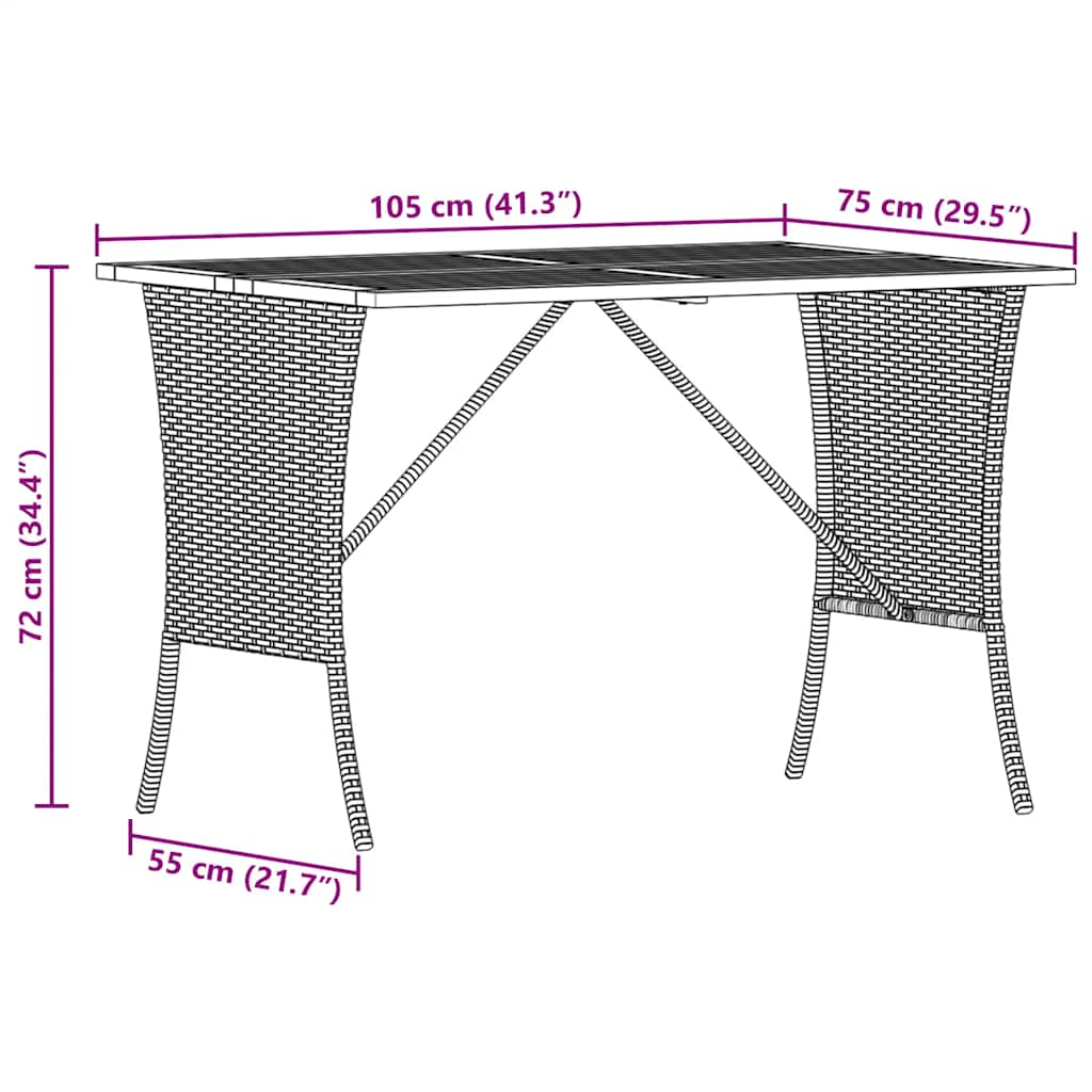 havebord med top i akacietræ 105x75x72 cm polyrattan sort