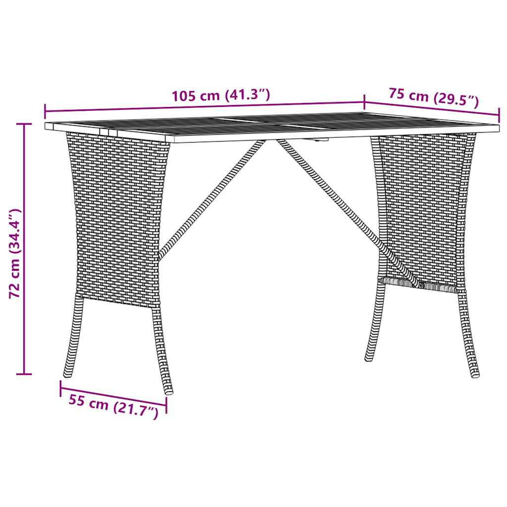 havebord med top i akacietræ 105x75x72 cm polyrattan grå