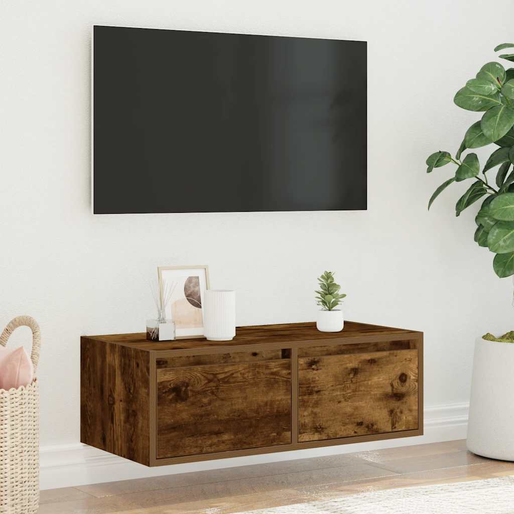 tv-bord med LED-lys 75x35,5x25 cm røget egetræsfarve