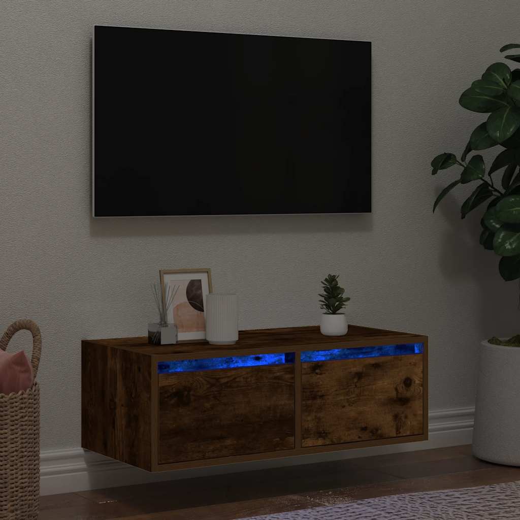 tv-bord med LED-lys 75x35,5x25 cm røget egetræsfarve