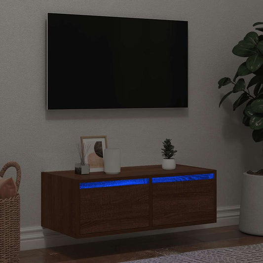 tv-bord med LED-lys 75x35,5x25 cm brun egetræsfarve