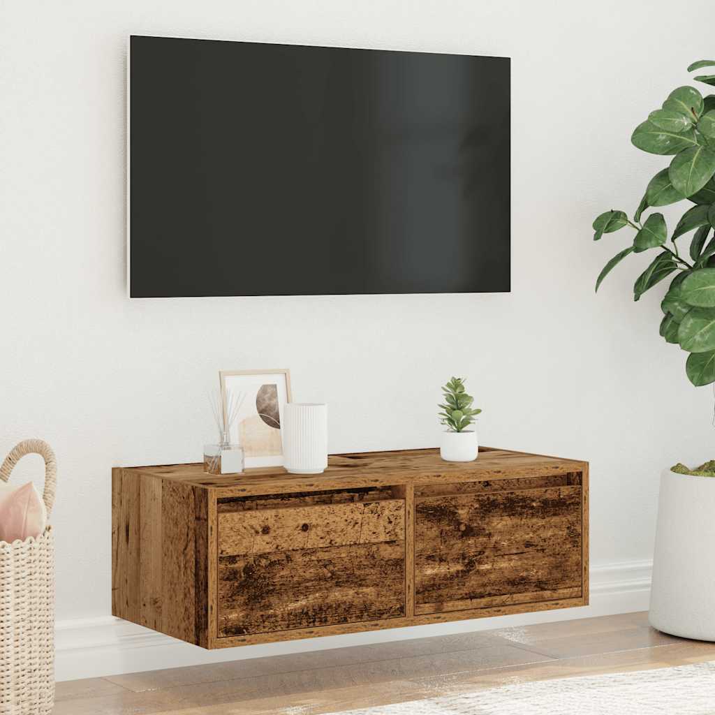 tv-bord med LED-lys 75x35,5x25 cm antikt træ