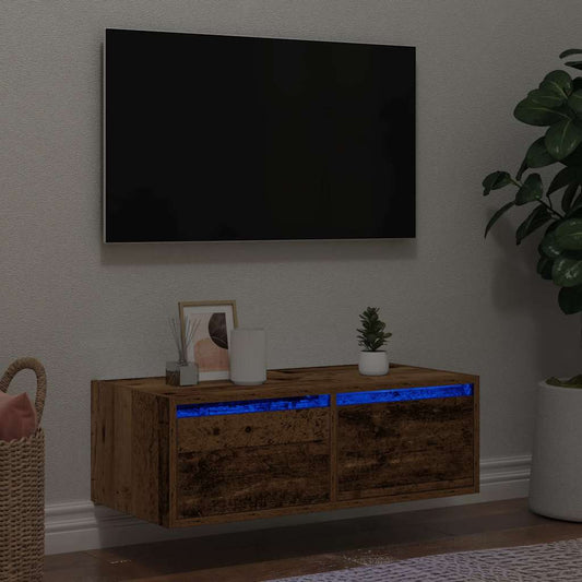 tv-bord med LED-lys 75x35,5x25 cm antikt træ