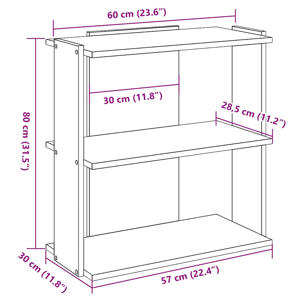 bogreol 60x30x80 cm 3 hylder konstrueret træ brunt eg