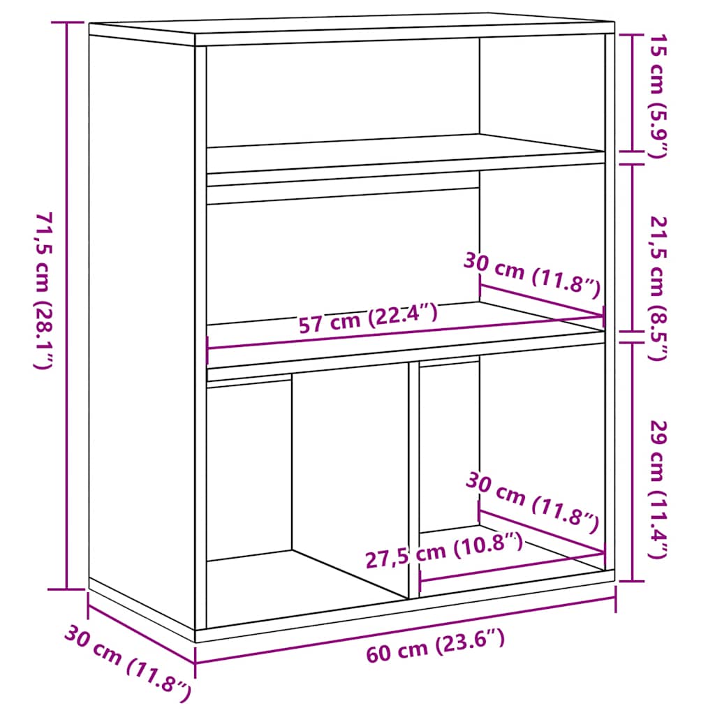 bogreol 60x30x71,5 cm konstrueret træ sonoma-eg